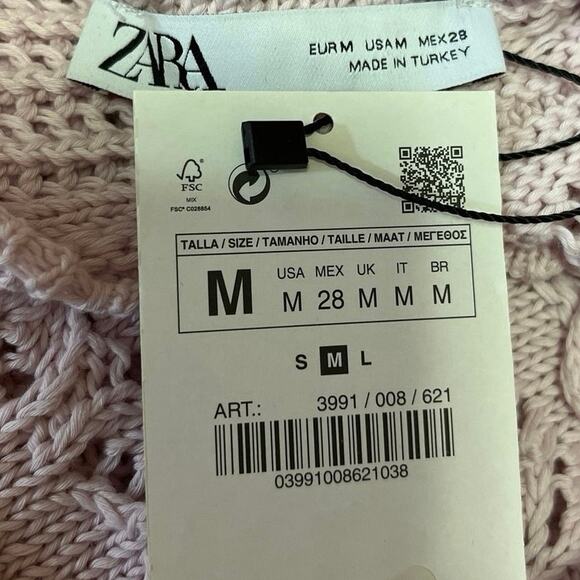 NEW Zara Pink Crochet Collared Tie Keyhole Open Knit Short Sleeve Sweater Top M - Picture 6 of 7